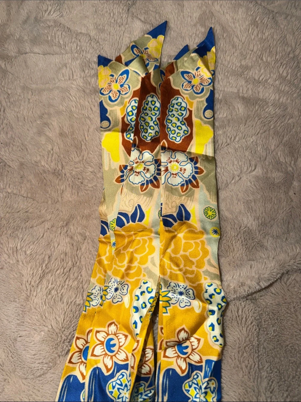 Pair of 2 Yellow & Blue Floral 100% Silk Twilly Scarves for Bags NWOT